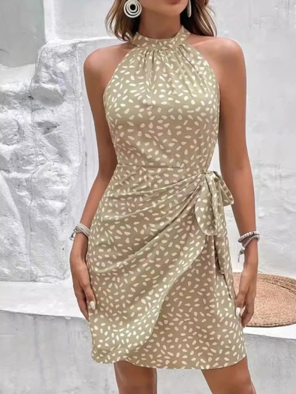 Summer Halterneck Printed Dress With Tied-waist Design Women's Shivering Dots